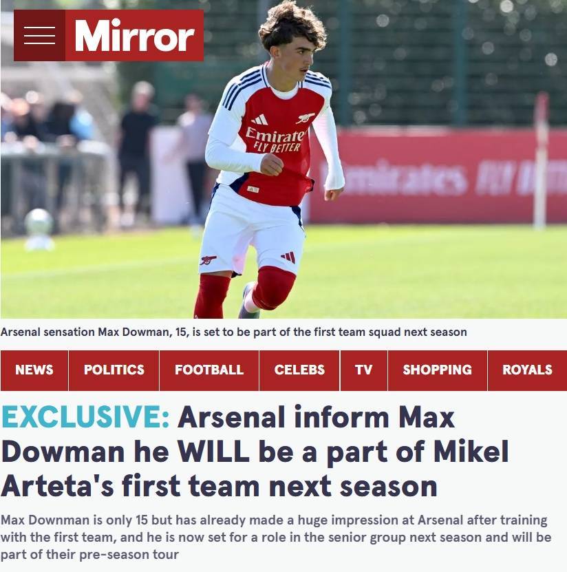 神童进厂镜报独家：阿森纳已通知15岁道曼，下赛季进入一线队