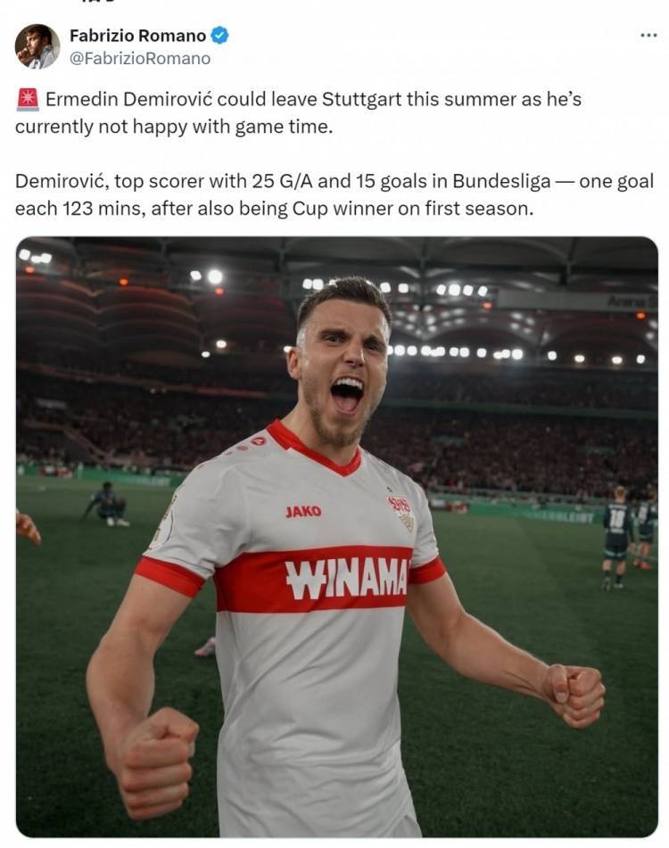 罗马诺：德米洛维奇可能离开斯图加特，德甲进15球&amp;身价2200万欧